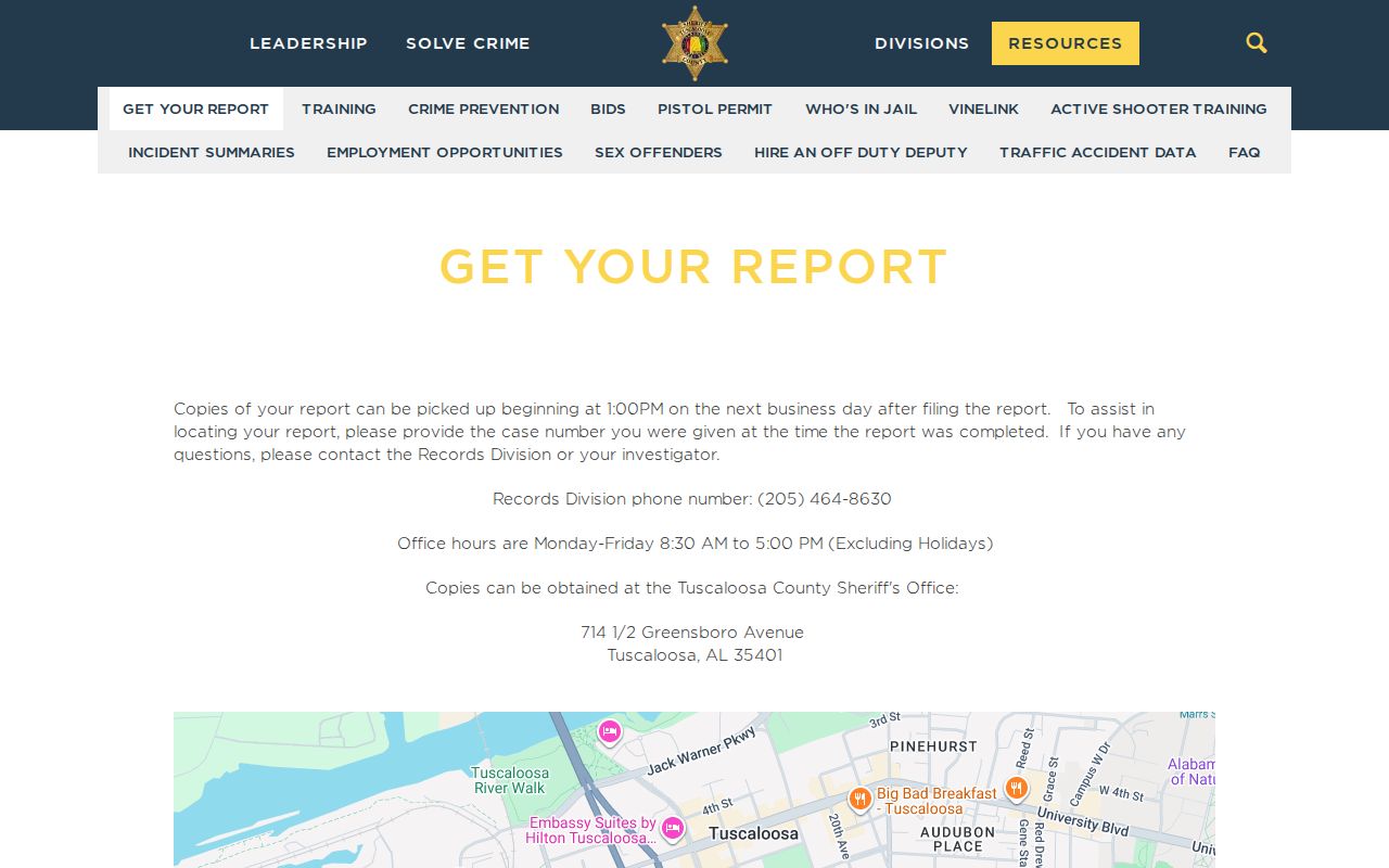 Tuscaloosa County arrest report copy instructions