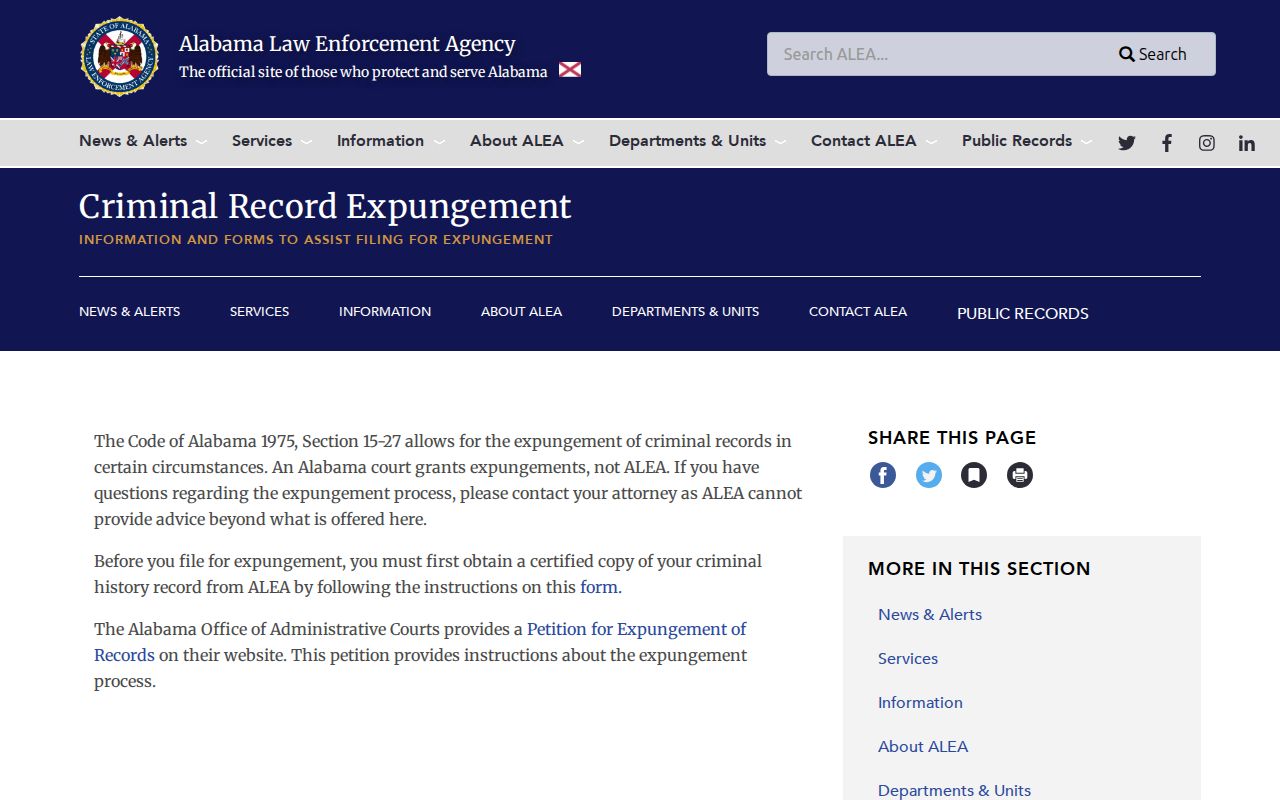 Tuscaloosa County criminal record expungement information