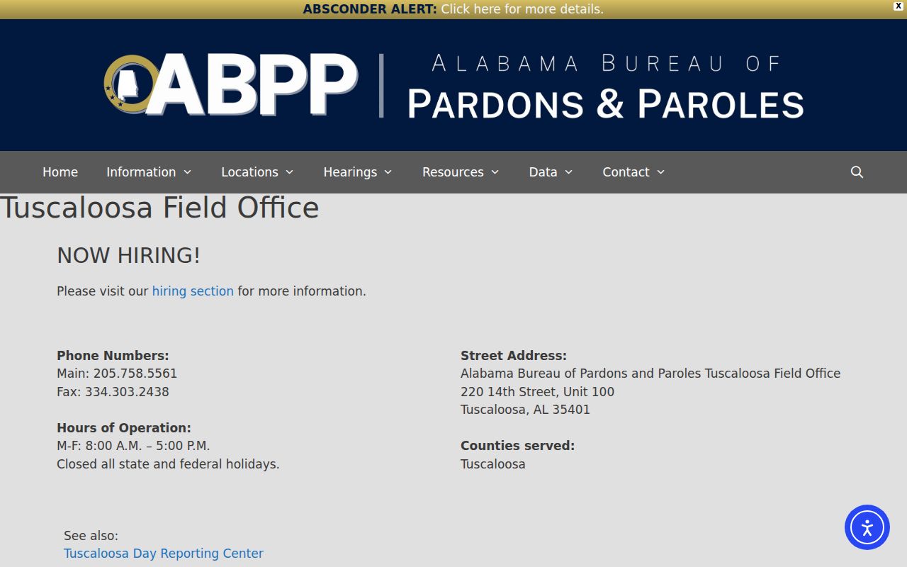 Tuscaloosa County probation and parole criminal records office