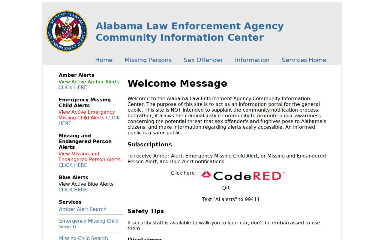 Tuscaloosa County sex offender search entrance in the ALEA registry