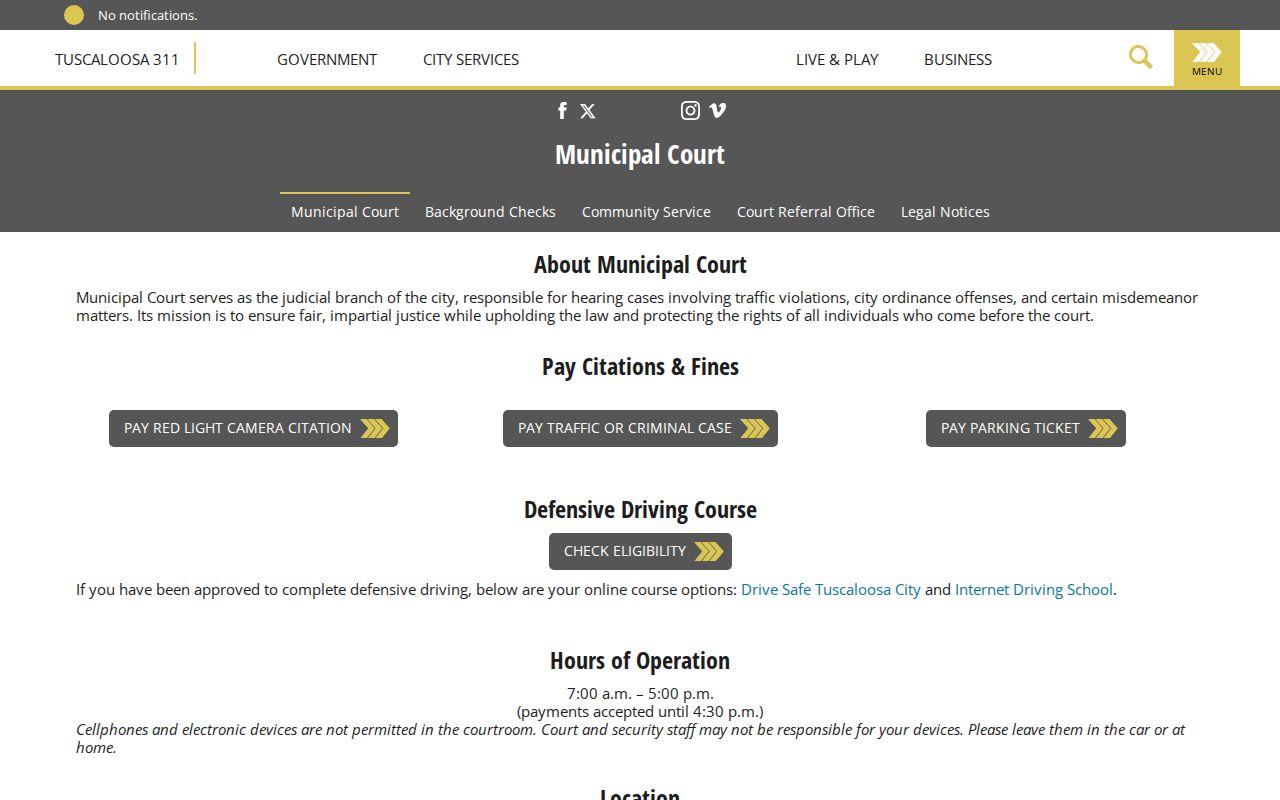 Tuscaloosa Municipal Court criminal records contact page