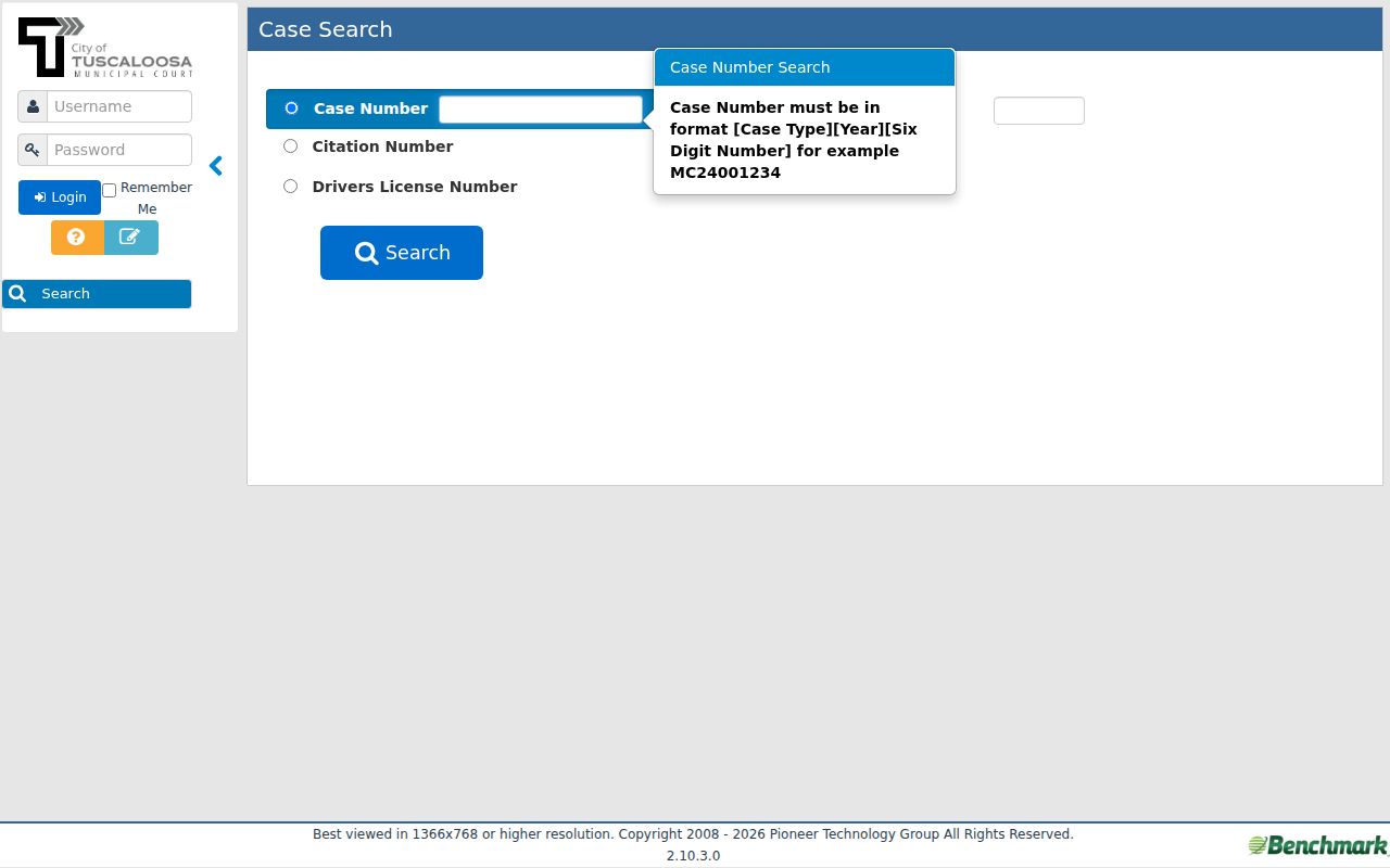 Tuscaloosa criminal records municipal case search fields