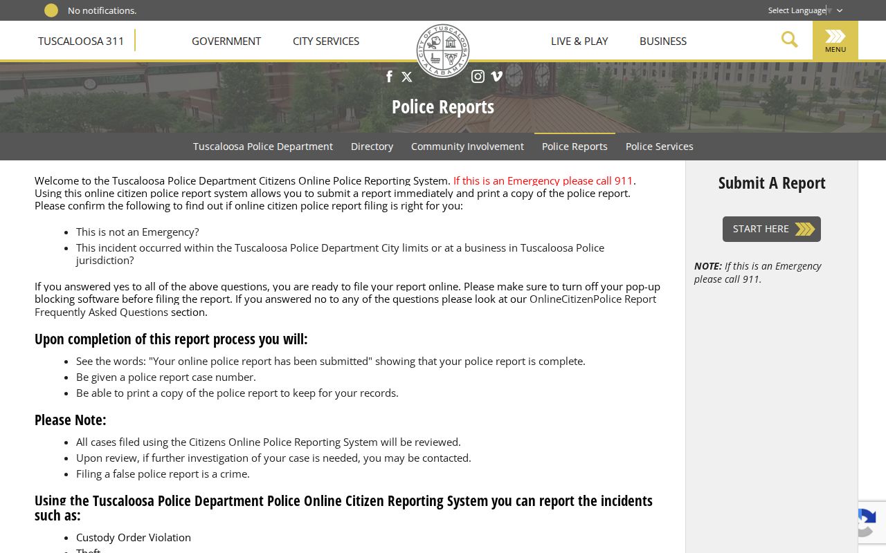 Tuscaloosa criminal records online police report categories